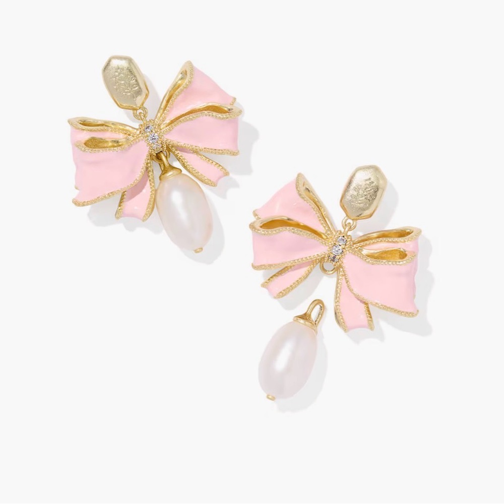 Kendra Scott x LoveShackFancy Light Pink‎ Pearl Bow Gold Statement Earrings NEW